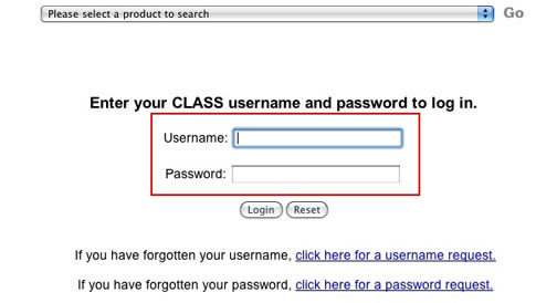 CLASS web site with the UserID entry page indicating where to enter UserID and Password