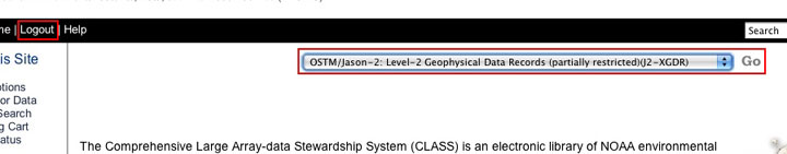 CLASS web site showing the change in link from login to logout and search selections for data highlighted.