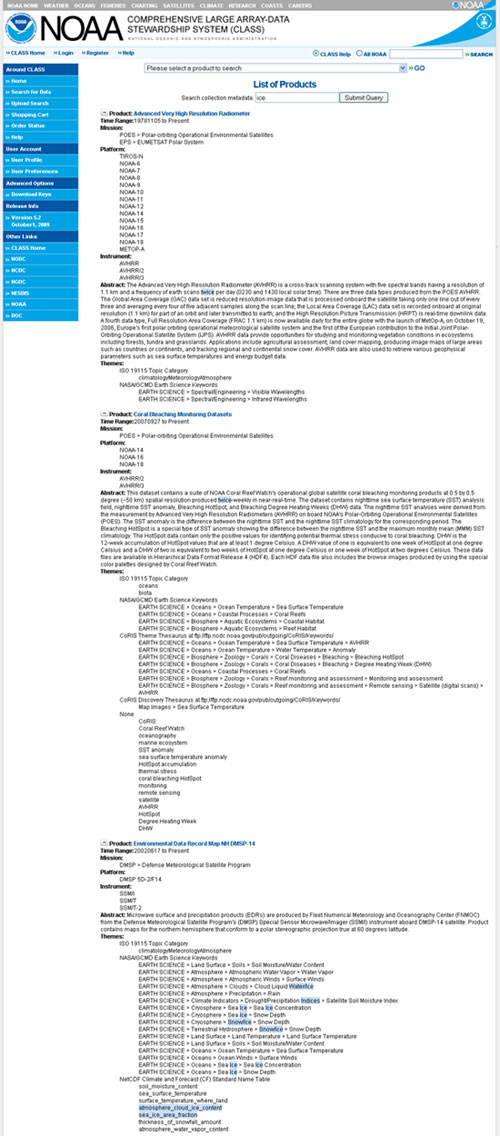 Sample search of metadata using the word "ice"
